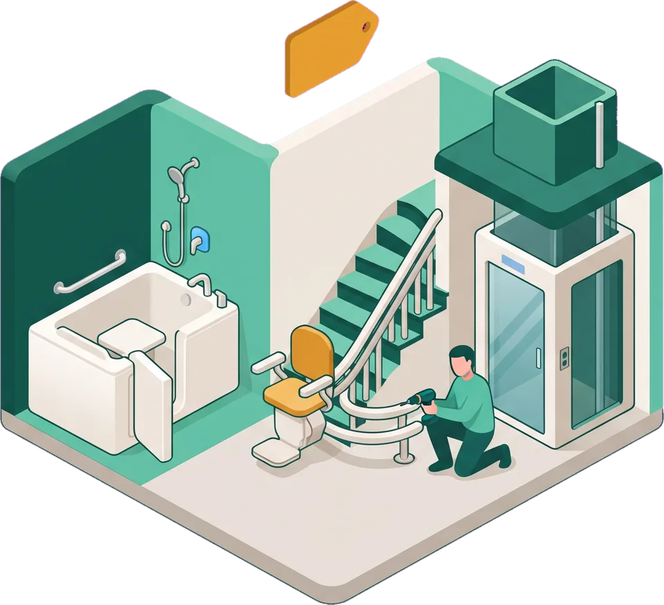 Illustration of a walk-in tub, a stair lift on a curved staircase and a home elevator, with an installer at work