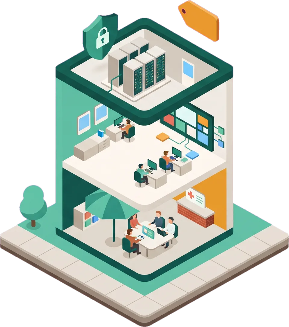 Cutaway illustration of a small office building with a server room, an open office with dashboards and a team meeting