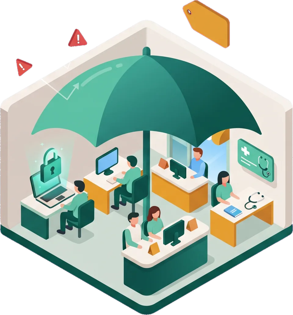 Illustration of a small business team under a large umbrella, with a locked laptop and a health insurance card