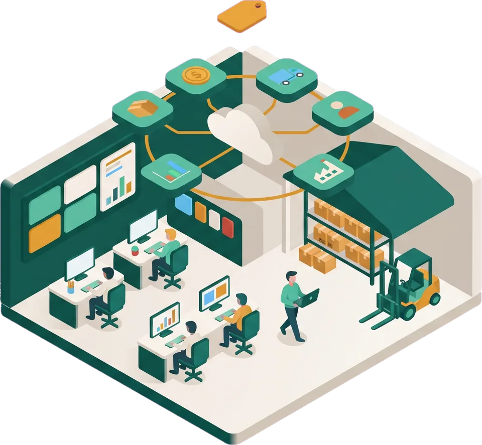 Illustration of an office and a warehouse connected by business software modules, with dashboards, shelves and a forklift