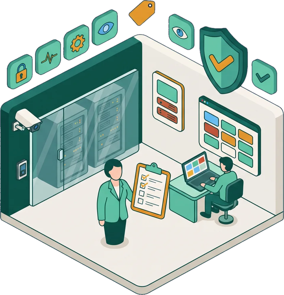 Illustration of an office security review, with a glass-walled server room, an auditor with a checklist and a shield with a check mark