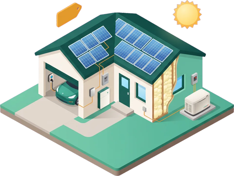 Illustration of a house with rooftop solar panels, an electric car at a Level 2 charger, a home battery, spray foam insulation and a standby generator