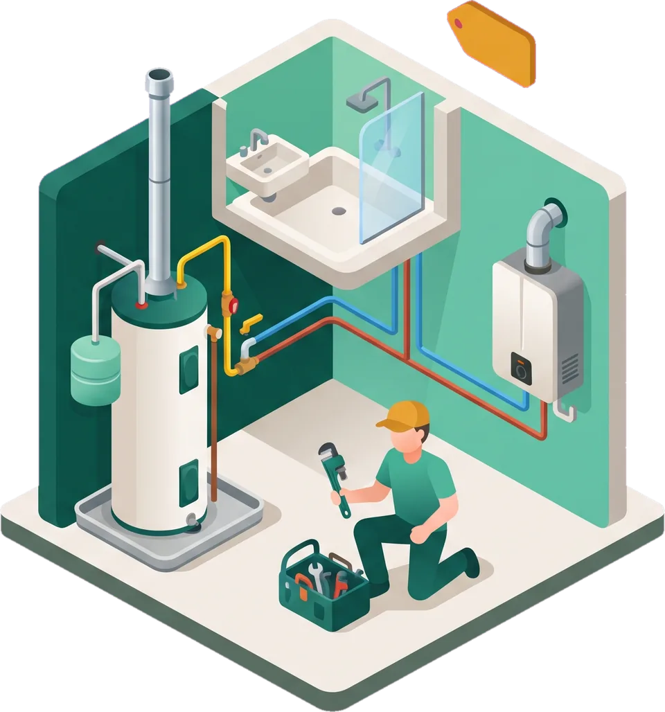 Cutaway illustration of a utility room with a tank water heater, an expansion tank, a wall-mounted tankless heater, copper pipes and a plumber