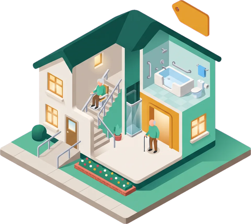 Cutaway illustration of a family home adapted for aging in place, with a ramp, a stair lift, a home elevator and a walk-in tub